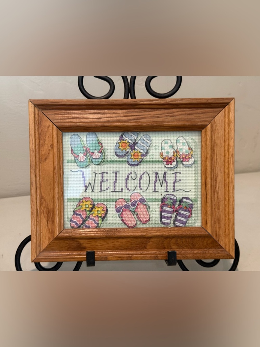 Wood Framed Cross Stitch‎ WELCOME MAT Flip Flops 6978 2004 Needlepoint Pastel
